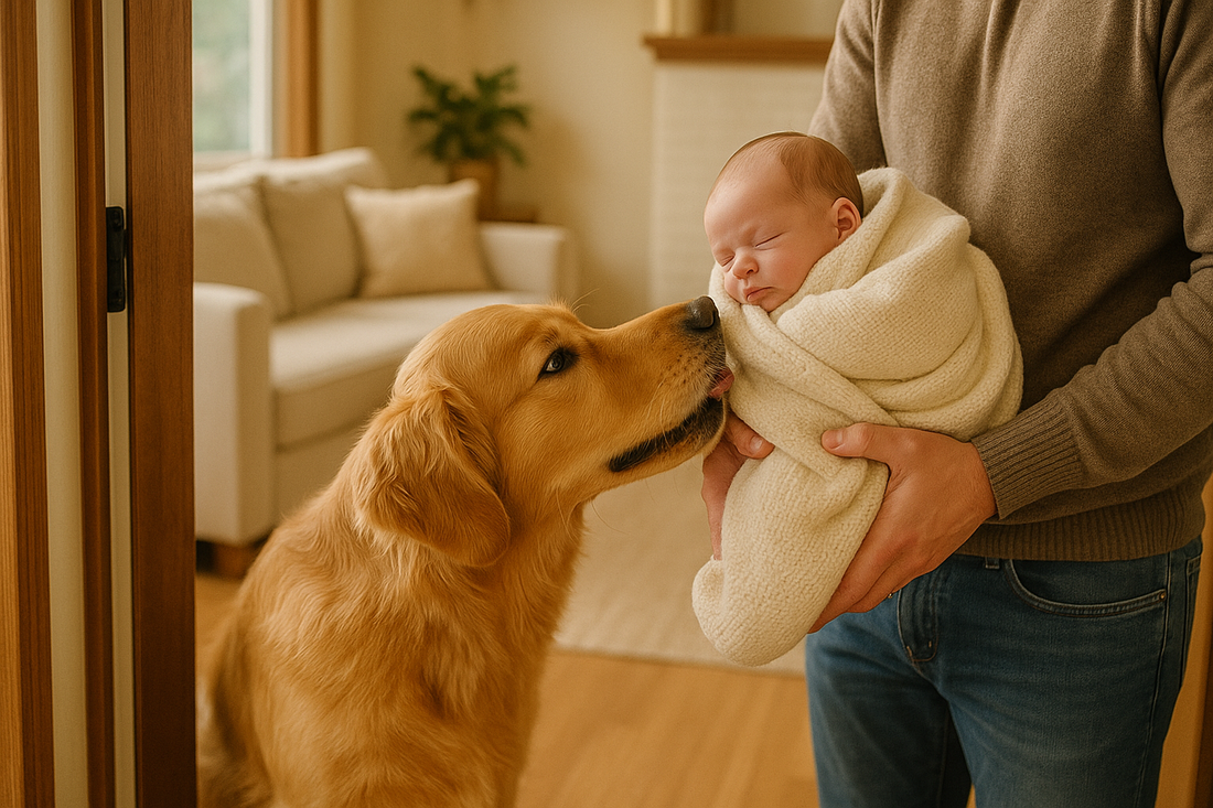Familia en Puerto Rico integrando bebé recién nacido al hogar con perro usando suplementos naturales y calmantes